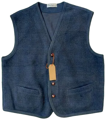 Gilet sans manches vintage en laine bleu marine de la marque Burberry's, avec des boutons décoratifs.