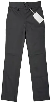 High-waisted fitted black trousers with tags.