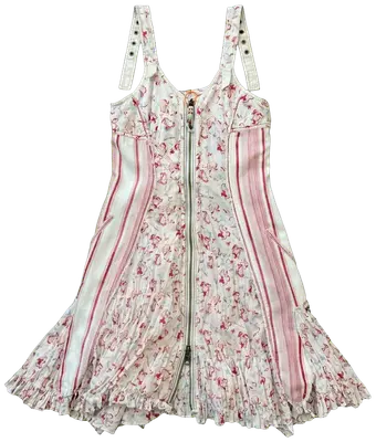Robe d'été à bretelles avec un imprimé floral rouge et des rayures, dotée d'une fermeture éclair sur le devant et d'un ourlet à volants.