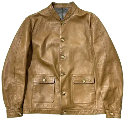 Camel leather stand-up collar jacket with button fastening and patch pockets.