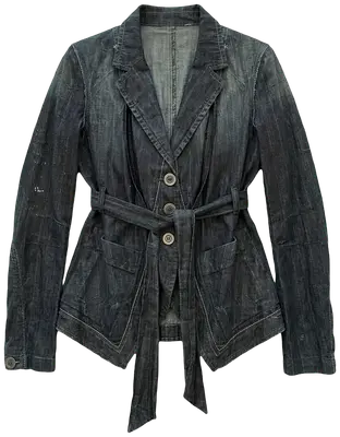 Magnificent denim jacket with belt by Marithe Francois Girbaud Worn-effect denim and subtle pinstripesSuperb detailed finishSize D 36/38