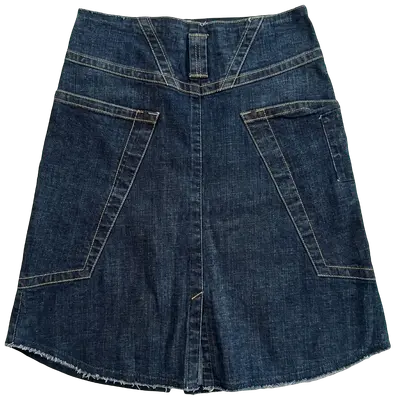 Marithé François Girbaud denim skirt, slightly rounded at the bottom with a small slit front and back and a slight flare. Large side pockets with topstitching and logo on one. Zipper and button closure on the side. Low waist and knee-length or slightly below the knee.
